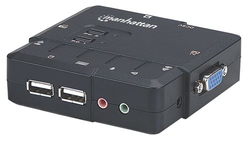 Switch KVM Compacto de 2 Puertos - MANHATTAN, USB, con Cables y Soporte de Audio, Color: Negro, 151252,