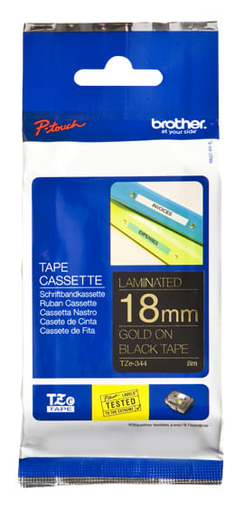 Etiqueta-negra-continua-laminada-Brother-TZE344---de-18-mm-de-ancho-x-8-mts-de-largo.-Impresion-en-dorado.