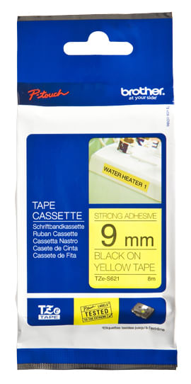 Etiqueta-amarilla-continua-laminada-con-adhesivo-super-resistente-Brother-TZES621---de-9-mm-de-ancho-x-8-mts-de-largo.-Impresion-en-negro.