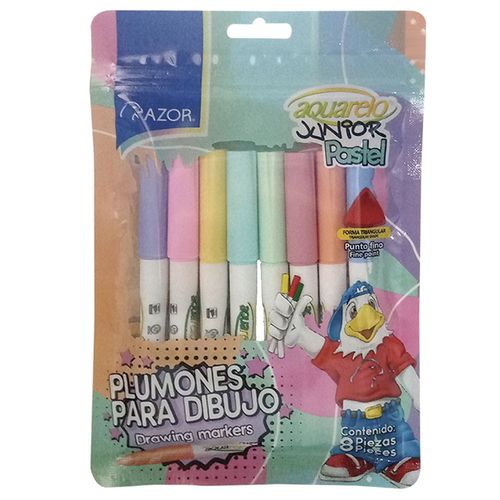 Marcador para Colorear Delgado Colores Pastel Bolsa con 8 Piezas Aquarelo Junior