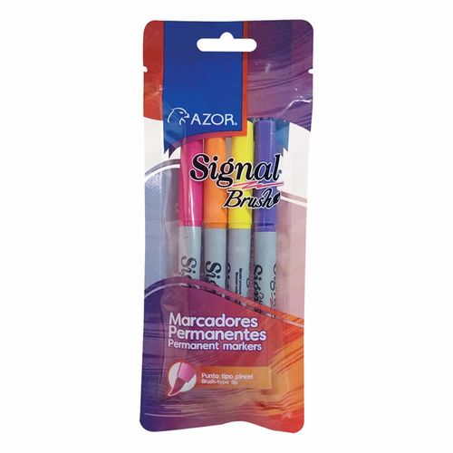 Marcador Permanente Delgado Fashion Punta de Pincel Blíster con 4 Piezas Azor Signal 32104CS