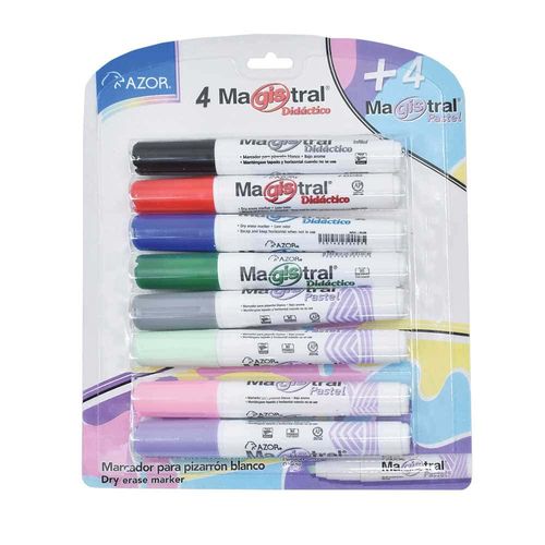 Marcador para Pizarrón Grueso Colores Pastel Surtidos Blíster con 4 + 4 Piezas Magistral Azor