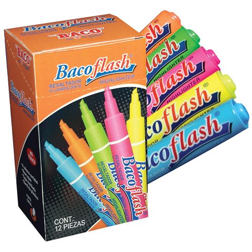 Marcador Fluorescente Grueso Amarillo Caja con 12 Piezas Bacoflash