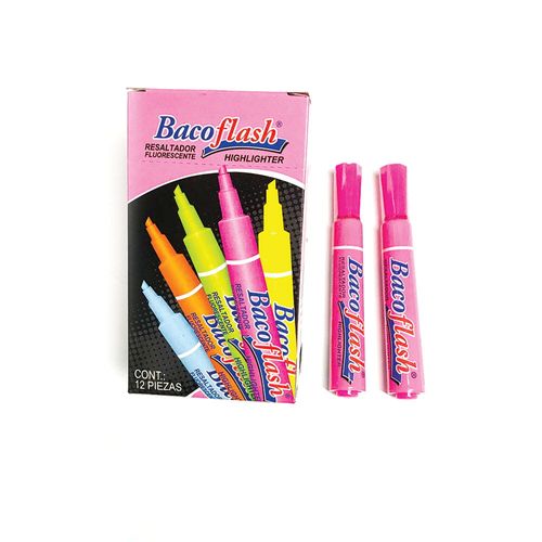 Marcador Fluorescente Grueso Rosa Caja con 12 Piezas Bacoflash