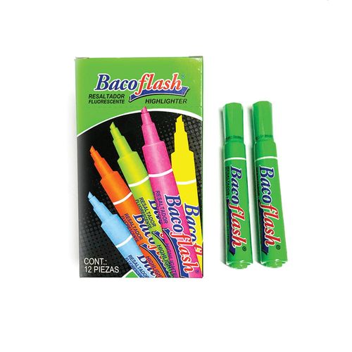 Marcador Fluorescente Grueso Verde Caja con 12 Piezas Bacoflash