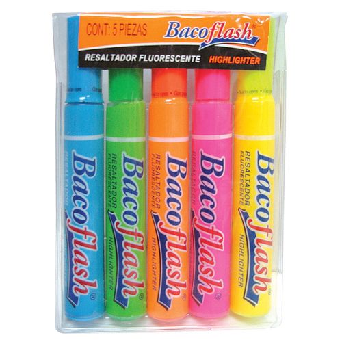 Marcador Fluorescente Grueso Colores Surtidos Caja con 5 Piezas Bacoflash