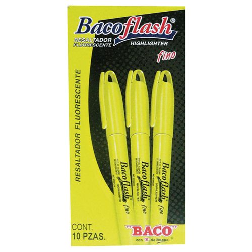 Marcador Fluorescente Delgado Amarillo Caja con 10 Piezas Bacoflash