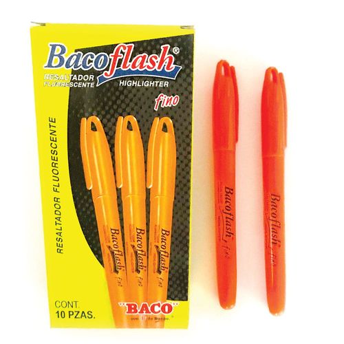 Marcador Fluorescente Delgado Naranja Caja con 10 Piezas Bacoflash