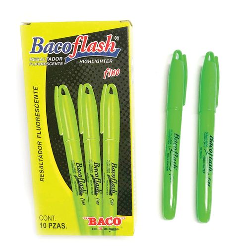 Marcador Fluorescente Delgado Verde Caja con 10 Piezas Bacoflash