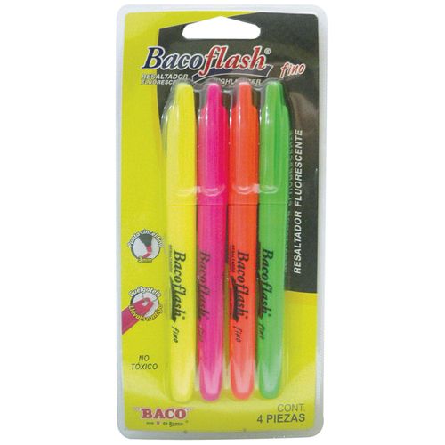 Marcador Fluorescente Delgado Colores Surtidos Blíster con 4 Piezas Bacoflash