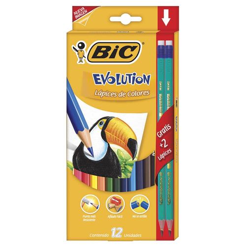 Lápices de Colores Caja con 12 Piezas Largos Hexagonales Bic Evolution
