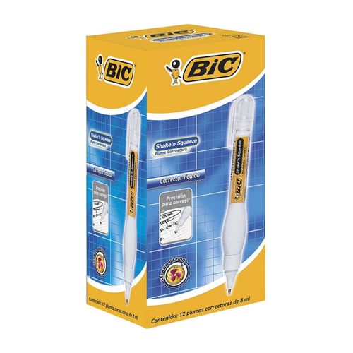 Corrector Líquido Blanco Tipo Pluma 8 ml Caja con  12 Piezas Shake N Squeeze Bic
