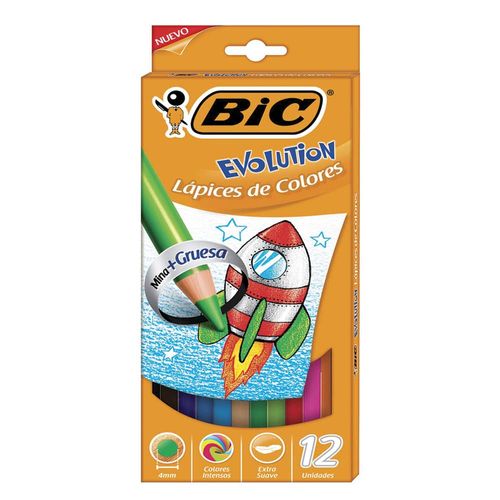 Lápices de Colores Caja con 12 Piezas Largos Redondos con Punto grueso Bic Evolution Bic