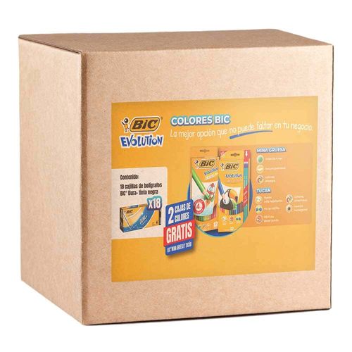 Bolígrafo Punto Mediano Stick Negro Caja con 18 Cajillas + 2 Cajas de Colores con 12 Piezas Largos Gratis BIC 514877