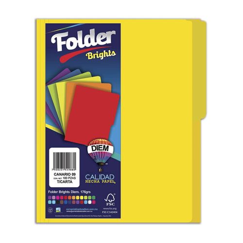 Folder de Cartulina Tamaño Carta Amarillo Paquete con 100 Piezas Diem