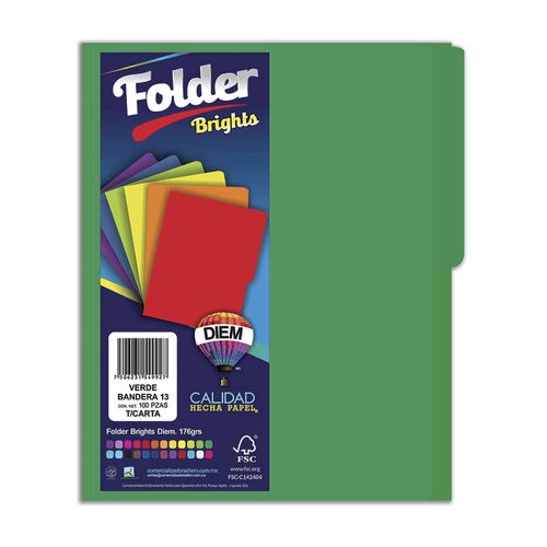 Folder de Cartulina Tamaño Carta Verde Oscuro Paquete con 100 Piezas Diem