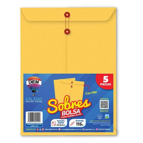 Sobre Bolsa Golden Kraft de 115 gr con Rondana Tamaño Carta Paquete con 5 Piezas Diem