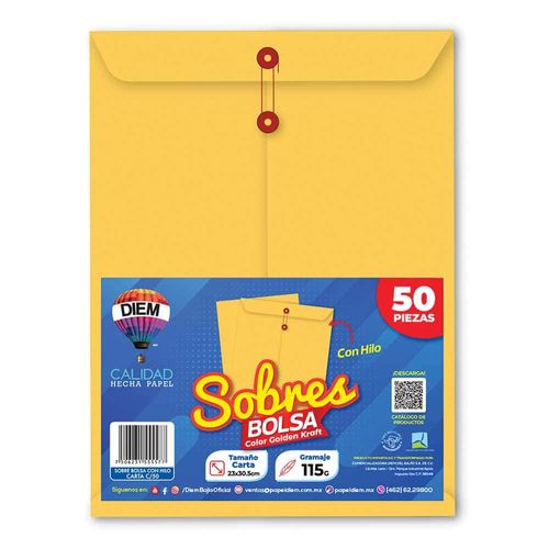 Sobre Bolsa Golden Kraft de 115 gr con Rondana Tamaño Carta Paquete con 50 Piezas Diem