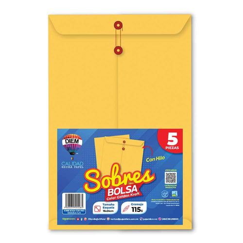Sobre Bolsa Golden Kraft de 115 gr con Rondana Tamaño Esquela Paquete con 5 Piezas Diem