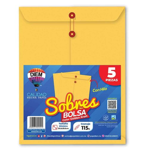 Sobre Bolsa Golden Kraft de 115 gr con Rondana Tamaño Ministro Paquete con 5 Piezas Diem