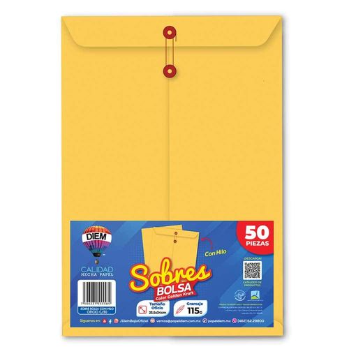 Sobre Bolsa Golden Kraft de 115 gr con Rondana Tamaño Oficio Paquete con 50 Piezas Diem