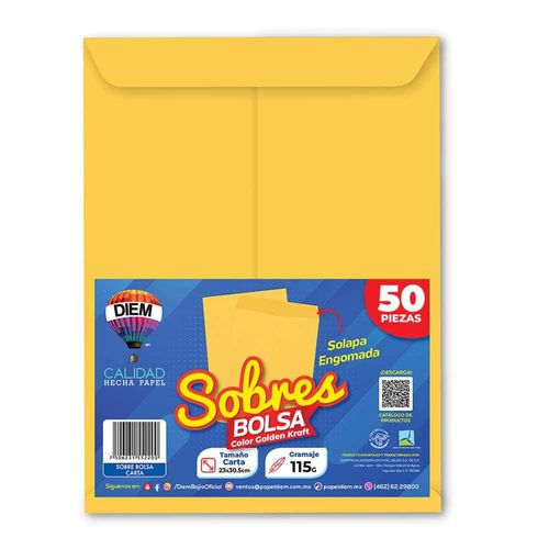 Sobre Bolsa Golden Kraft de 115 gr Engomado Tamaño Carta Paquete con 50 Piezas Diem