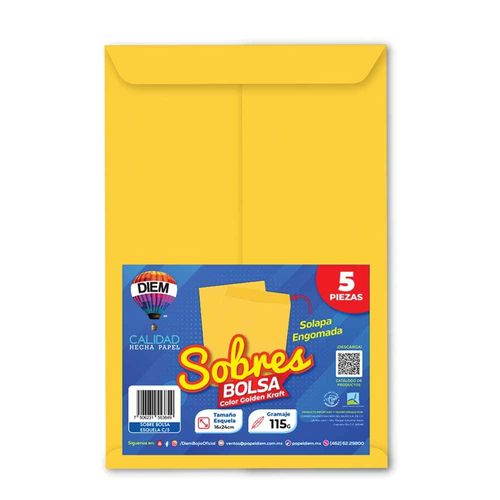 Sobre Bolsa Golden Kraft de 115 gr Engomado Tamaño Esquela Paquete con 5 Piezas Diem