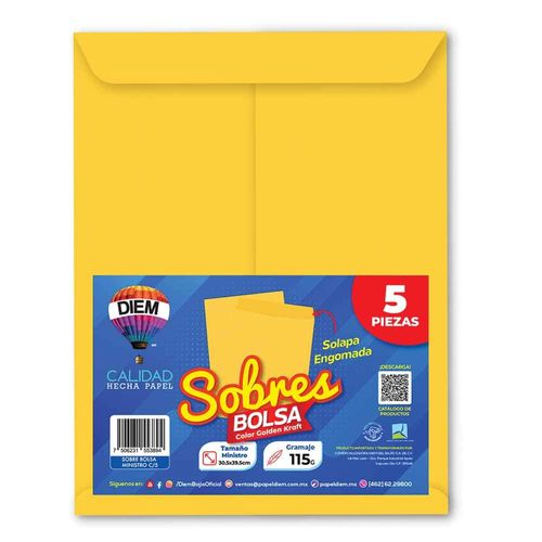 Sobre Bolsa Golden Kraft de 115 gr Engomado Tamaño Minsitro Paquete con 5 Piezas Diem