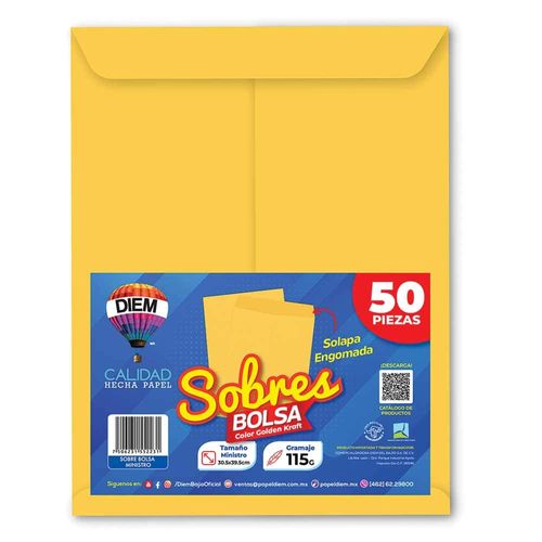 Sobre Bolsa Golden Kraft de 115 gr Engomado Tamaño Minsitro Paquete con 50 Piezas Diem
