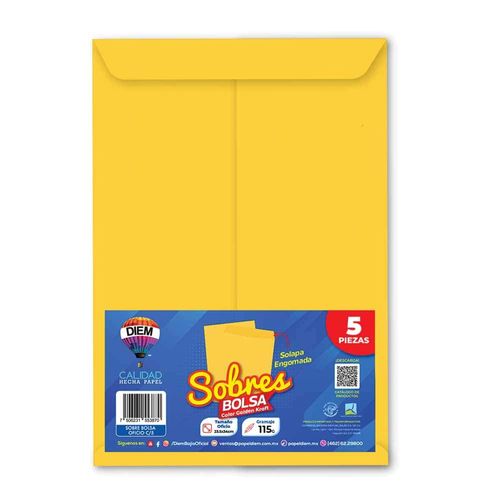 Sobre Bolsa Golden Kraft de 115 gr Engomado Tamaño Oficio Paquete con 5 Piezas Diem