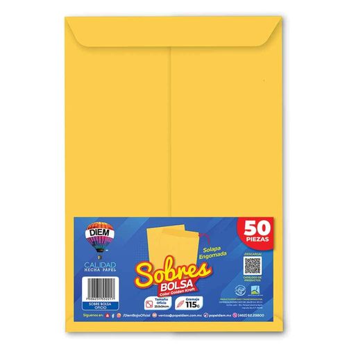 Sobre Bolsa Golden Kraft de 115 gr Engomado Tamaño Oficio Paquete con 50 Piezas Diem
