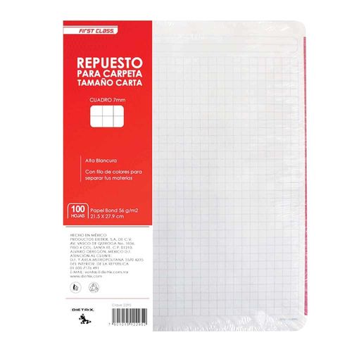 Hojas Perforadas para Carpeta Tamaño Carta de Cuadro Grande con 100 Hojas First Class