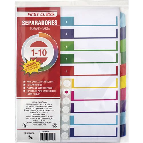 Separador de Cartón Tamaño Carta con 10 Piezas First Class
