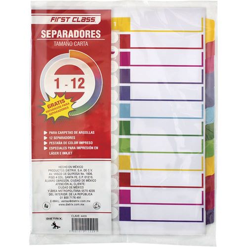 Separador de Cartón Tamaño Carta con 12 Piezas First Class