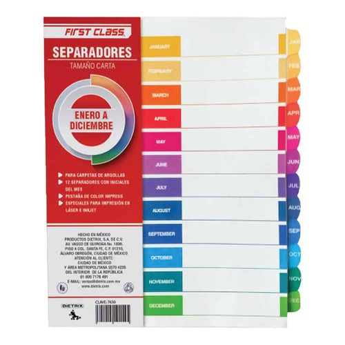 Separador Tamaño Carta Calenadario Meses Enero - Diciembre Multicolor First Class 7630
