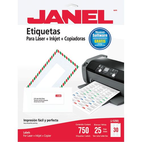 Etiqueta Adhesiva Laser Tamaño Carta 2.5 x 6.7 cm con 25 Piezas Janel