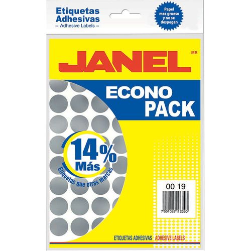 Etiqueta Adhesiva Redonda Plata 19 mm con 12 Janel