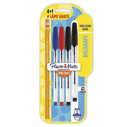 Bolígrafo Punto Mediano Stick Blíster con 4 Piezas + 1 Lápiz Kilométrico