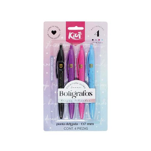 Bolígrafo Punto Fino Retractil Colores Fashion Blíster con 4 Piezas Kiut 556052