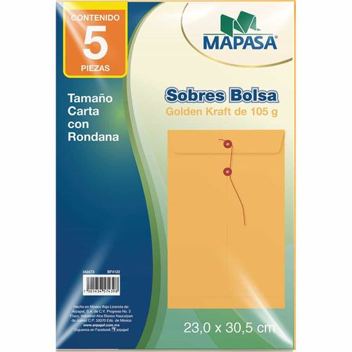 Sobre Bolsa Golden de Papel Kraft de 80 kg con Rondana Tamaño Carta Paquete con 5 Piezas Mapasa IA0473