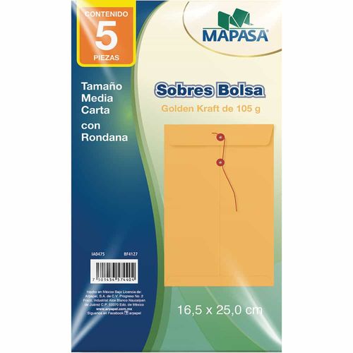 Sobre Bolsa Golden de Papel Kraft de 80 kg con Rondana Tamaño Esquela Paquete con 5 Piezas Mapasa IA0475