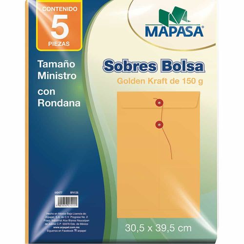 Sobre Bolsa Golden de Papel Kraft de 80 kg con Rondana Tamaño Ministro Paquete con 5 Piezas Mapasa IA0477