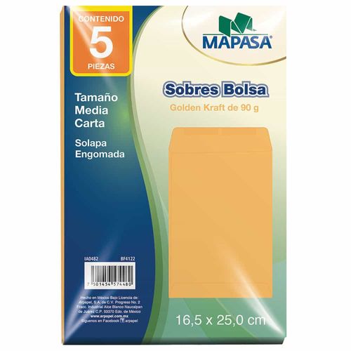 Sobre Bolsa Golden de Papel Kraft de 80 kg Engomado Tamaño Esquela Paquete con 5 Piezas Mapasa IA0482