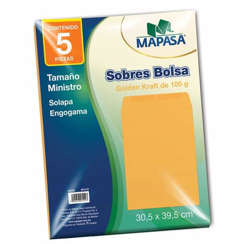 Sobre Bolsa Golden de Papel Kraft de 80 kg Engomado Tamaño Ministro Paquete con 5 Piezas Mapasa IA0483