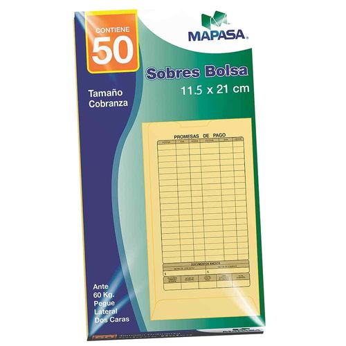 Sobre Bolsa para Cobranza Ante de 11.5 x 21 cm Paquete con 50 Piezas Mapasa IA0198
