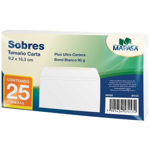 Sobre Blanco para Hoja Tamaño Carta 60 kg Paquete con 25 Piezas Mapasa HA0284