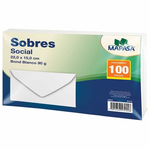 Sobre Social Blanco de 15 x 22 cm Paquete con 100 Piezas Mapasa UA0072