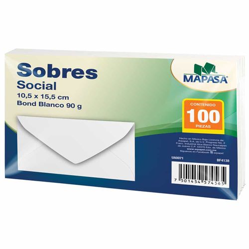 Sobre Social Blanco de 10.5 x 15.5 cm Paquete con 100 Piezas Mapasa UA0071