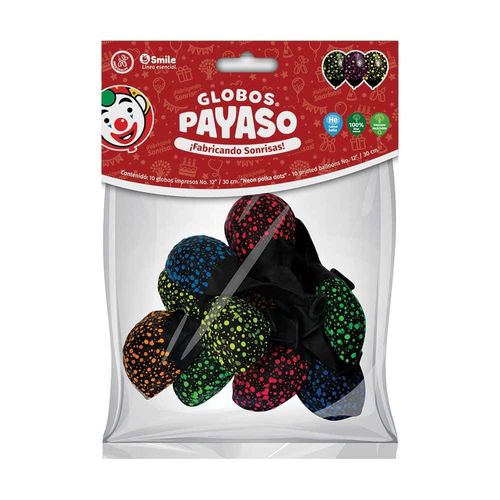 Globo Impreso No. 12 Negro Neon Bolsa con 10 Globos Polka Dots Payaso 6584