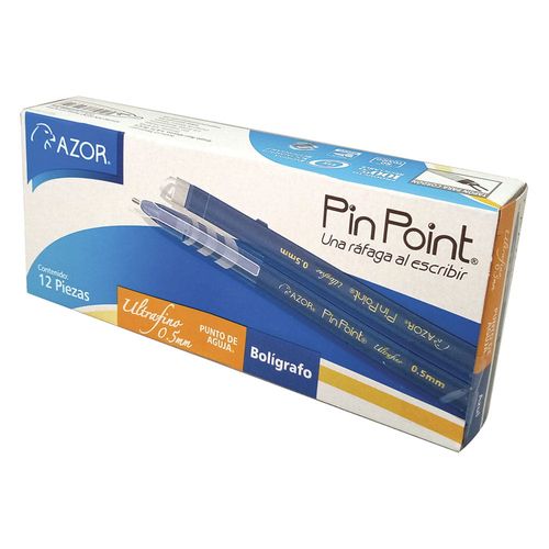 Bolígrafo Punta Ultra Fino Azul Caja con 12 Piezas Punto de Aguja de 0.5 mm Azor Pin Point